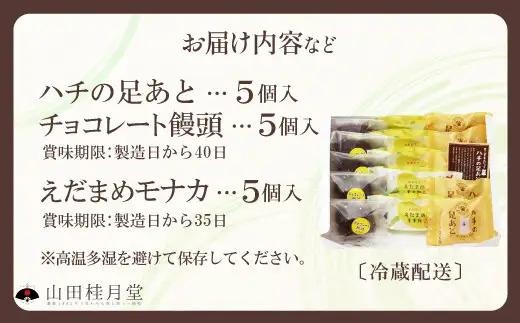 ＜山田桂月堂＞詰合せ3種セット（ハチの足あと・えだ豆もなか・チョコレート饅頭）　各5個入り 　60P5610【 山田桂月堂】