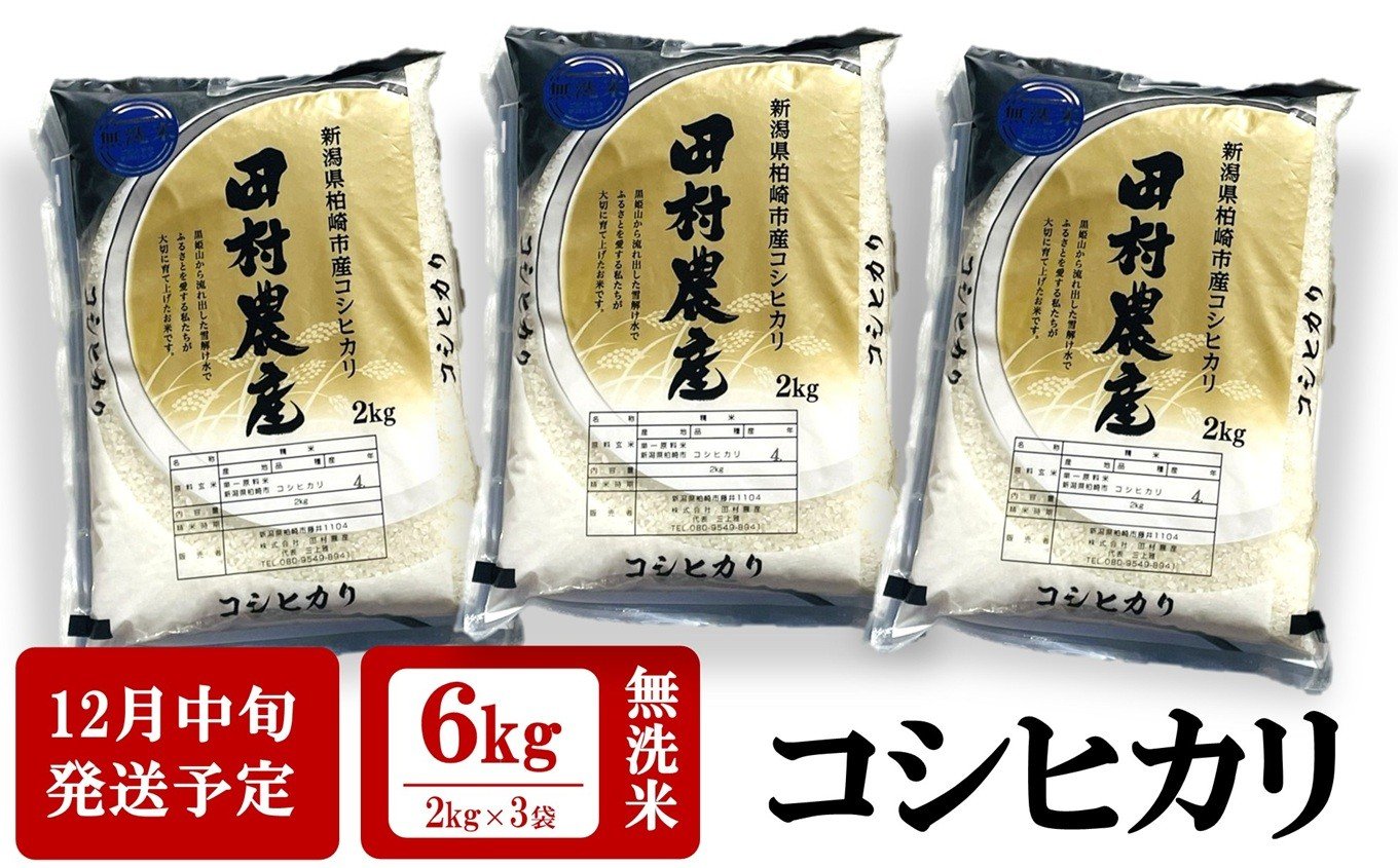 
            【12月中旬発送】令和7年産新米 コシヒカリ 無洗米 6kg（2kg×3袋）田村農産[Y0272]
          