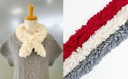 コード刺繍 チクチクしないウールのショートマフラー コモンドール オフホワイト |五泉市 マフラー