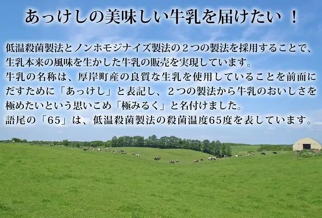 北海道 厚岸産 牛乳 あっけし極みるく65 詰め合わせ （計11.4L）【釧路太田農業協同組合】[ ミルク ノンホモジナイズ製法 濃厚 農協 北海道産ファミリー 朝食 ]