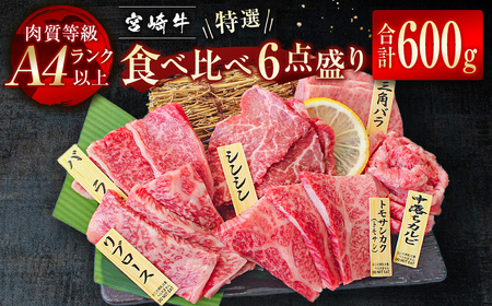 宮崎牛　特選食べ比べ焼肉6点盛り　計600g　4等級以上　国産牛肉＜3-44＞