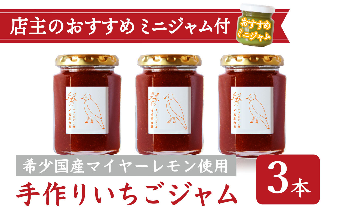 
                  手作り いちごジャム 160g ３本 セット 希少 国産 マイヤーレモン お得 お試し ミニジャム付 保存料 着色料 不使用 ジャム フルーツ 果物 いちご 苺 果肉 パン 朝食 朝ご飯 贈り物 贈答 箱詰め プレゼント ギフト 手作り ハンドメイド 詰め合わせ スイーツ おやつ ケーキ パンケーキ 美味しい 三重県 尾鷲市 KA-f-38
                