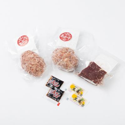 ふるさと納税 南阿蘇村 熊本県産　あか牛 ハンバーグ2個(150g×2個)・霜降馬刺し100gセット(南阿蘇村) |  | 01