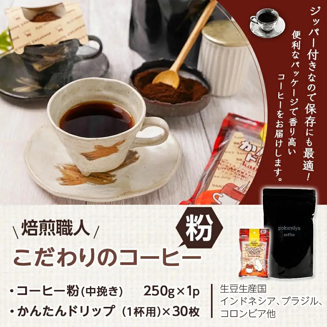 焙煎職人こだわりのコーヒー【粉】250g 小分けパック(ジッパー・バルブ付) 中深煎り※ポスト投函≪かんたんドリップ30枚付≫≪みやこんじょ特急便≫〔LB-3301-Q〕_(都城市) 保存に便利 中挽