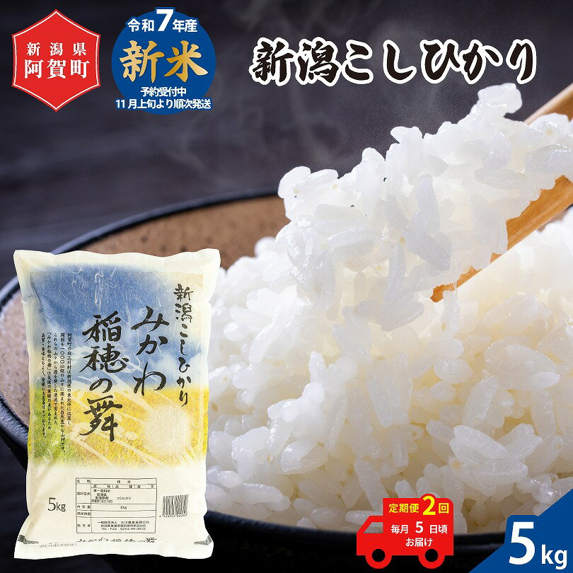 【ふるさと納税】 《先行予約》 ＜定期便 2回＞ 米 5kg 《 新潟県産 コシヒカリ みかわ稲穂の舞 》 令和7年産 5kg × 1袋 阿賀 三川 | 毎月 こしひかり 白米 精米 送料無料 お取り寄せ お米 金賞受賞 ※2025年11月上旬頃より順次発送
