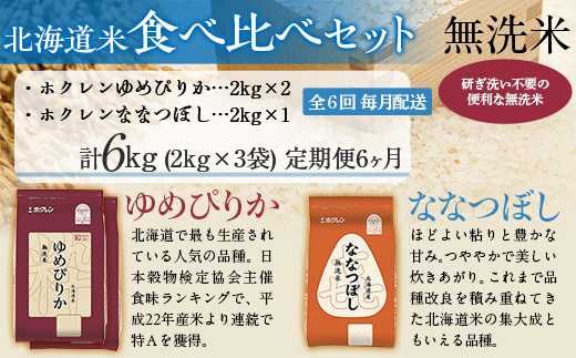 【6ヶ月定期配送】（無洗米6kg）食べ比べセット（ゆめぴりか、ななつぼし） MKWAI126