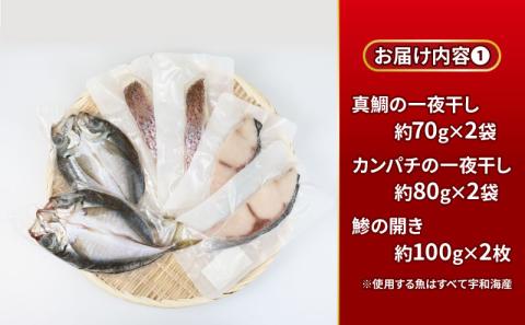 一夜干し よくばり セット 真鯛 カンパチ アジの開き 干物 詰め合わせ こもねっと バジル トマト ソース 麦味噌 藻塩 漬け 惣菜 おかず 冷凍 国産 愛媛 宇和島 D025-008005