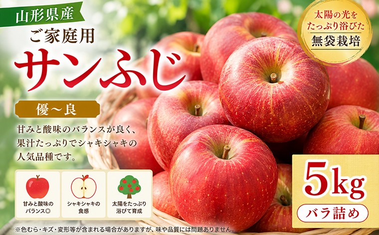 
                  【ご家庭用】 山形産 サンふじりんご 5kg バラ 優～良 無袋栽培 FY26-176
                