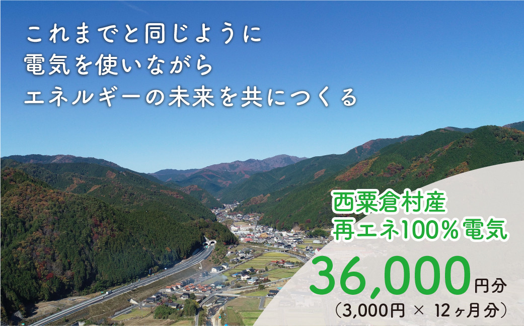 
電気料金 （3,000円✕12ヶ月分） 百森でんき CO2フリー 地域電力 お礼の電気 脱炭素 ゼロカーボン 岡山県 西粟倉村 【まずは寄付のお申し込みを！】 e-vv-A03D
