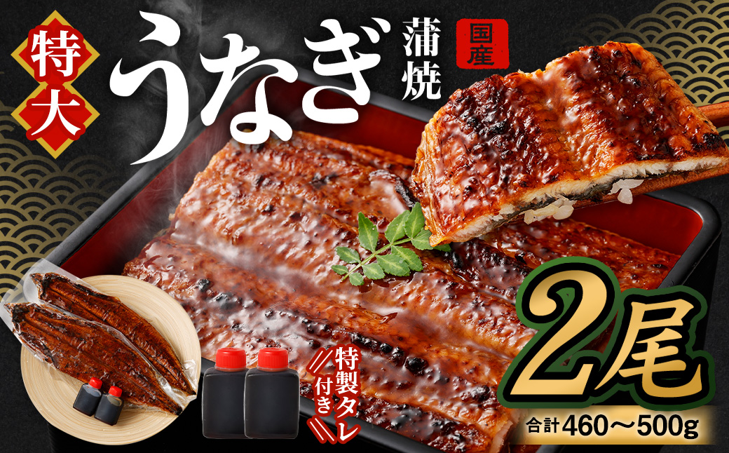 国産 うなぎ 蒲焼 2尾 （460g ～ 500g）と 特製タレ 2個 セット 鰻 ウナギ 蒲焼き うなぎ蒲焼 セイロ蒸し せいろ蒸し タレ付 冷凍