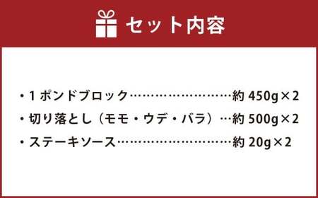 【ブロック ＆ 切り落とし】 おおいた和牛 1ポンドブロック 約900g（約450g×2） ・ 切り落とし 約1kg（約500g×2） 計約1.9kg ステーキソース付