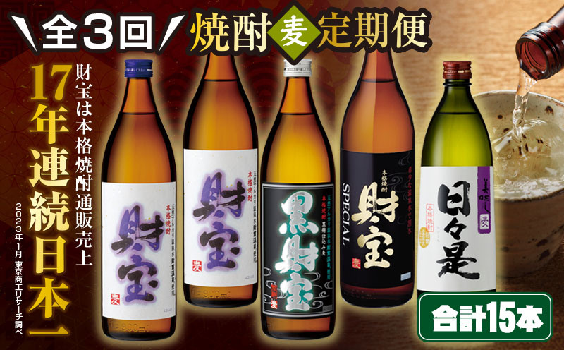 
C3-22125／【 定期便 】 3回 届け・ 焼酎 4種5本 飲み比べセット 【5合瓶（麦）】 温泉水仕立て！ 財宝
