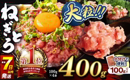ねぎとろ 400g（100g×4袋） 関東限定発送 | 清幸丸水産 大人気 手巻き寿司 海鮮丼 マグロのユッケ まぐろ 海鮮 小分け 100g パック 千葉県 君津市