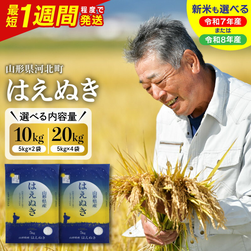 【ふるさと納税】【 最短1週間発送 】★5.00 高評価 米 はえぬき 令和7年産 令和8年産 ( 選べる内容量 配送時期 : 10kg / 20kg )| 単品 定期便 毎月 隔月 最短発送 お米 白米 精米 人気 おすすめ お取り寄せ ふるさと 送料無料 産地直送 山形県産 山形県 河北町