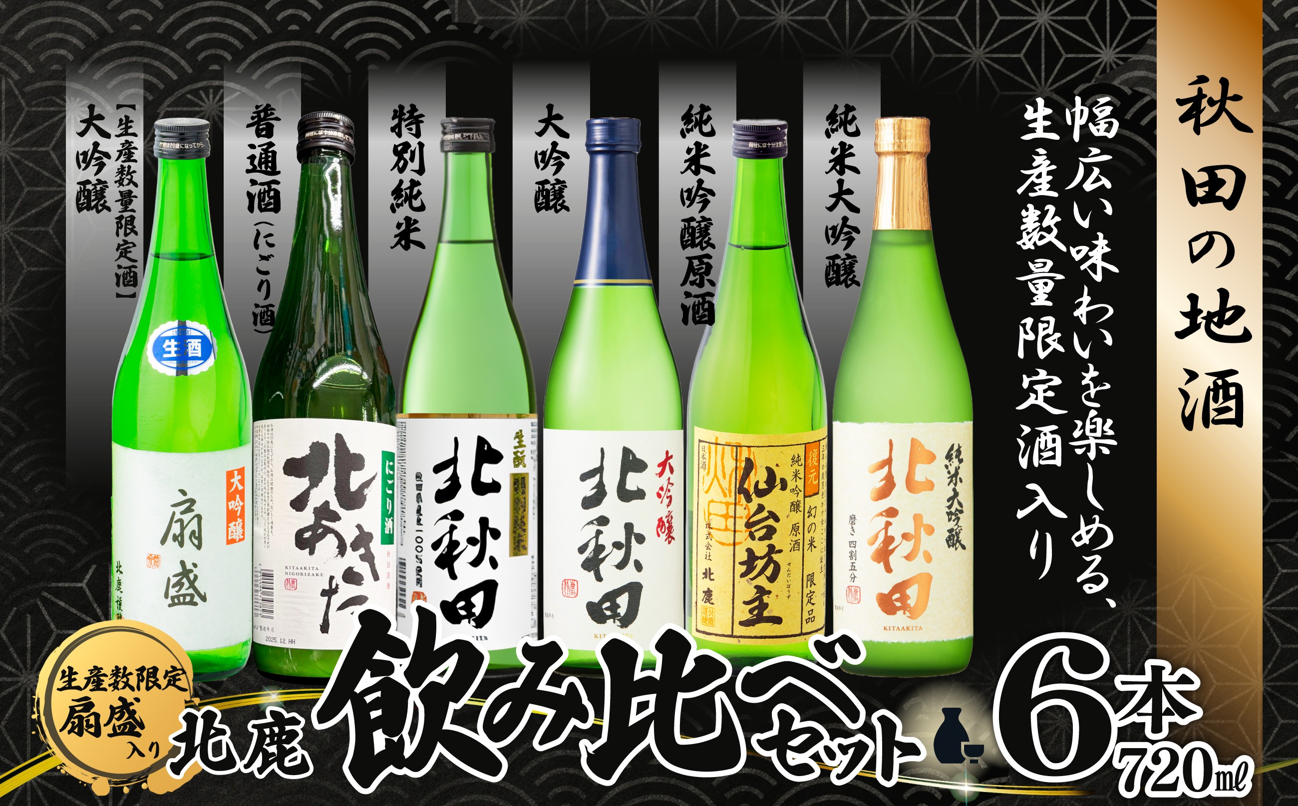 
                  北鹿　生産本数限定酒入り北鹿飲み比べ６本セット（北あきた　にごり酒、扇盛入り）　195P4001 / 東北 秋田 大館 酒 日本酒 北鹿 ほくしか ホクシカ 純米大吟醸 純米吟醸原酒 大吟醸 特別純米 普通酒 ギフト プレゼント 贈り物 母の日 父の日 敬老の日 誕生日 記念日 お祝い 祝 地酒 北秋田 仙台坊主 北あきた にごり酒 扇盛
                