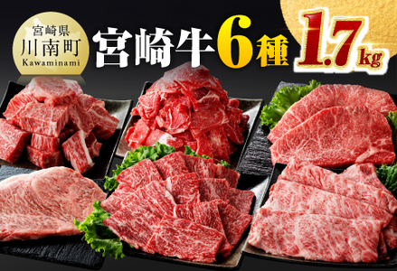 宮崎牛６種 詰め合わせ 1.7kg 【 肉 牛肉 黒毛和牛 国産牛肉 九州産牛肉 宮崎県産牛肉 牛肉6種 ロース ステーキ ウデ 牛肉 肩ロース チマキ ネック カルビ 焼肉 ミヤチク 差入 キャンプ バーベキュー 贈答用 1700ｇ 送料無料牛肉 】