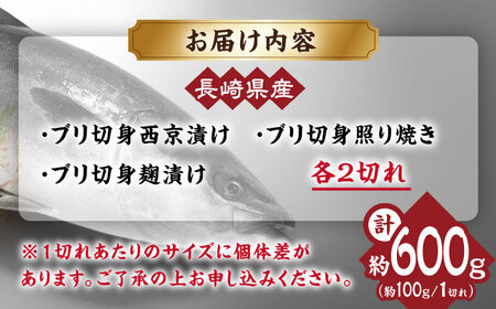 長崎県産ブリ切身 照り焼き 西京漬け 塩麹漬け 小分け 各2切れ  1パックずつ  合計6切れ 大村市 かとりストアー[ACAN031]