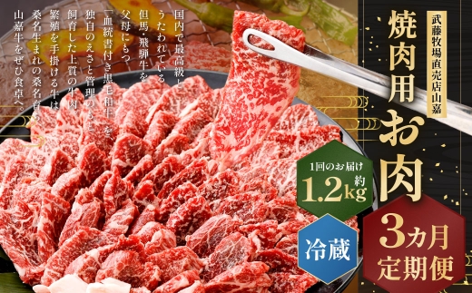 武藤牧場直売店山嘉 焼肉用お肉 約1.2kg×3回 合計3.6kg 【冷蔵 定期便3ヶ月】 ／ 牛肉 焼き肉 定期便 三重県 桑名市