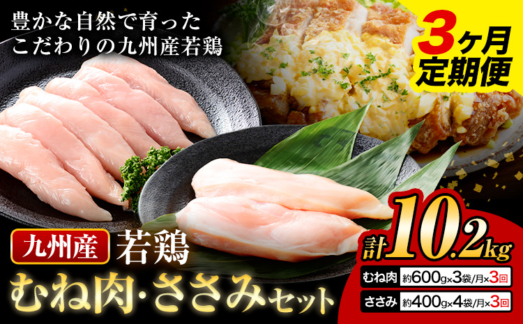 【3ヶ月定期便】 九州産 むね肉（600g×3袋）・ささみ（400g×4袋） 鶏肉 お肉 ムネ肉 2種類 小分け 冷凍 詰め合わせ 九州産 国産 熊本県 菊池市 送料無料《お申込み翌月から出荷》