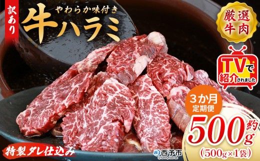 TVで紹介！＜秘伝の特製タレ仕込み！やわらか味付き 牛ハラミ 約500g（500g×1） 3か月定期便＞ テレビ TV 訳あり はらみ ハラミ 赤身 大容量 牛肉 お肉 焼肉 BBQ 味付き タレ漬け 甘辛 レシピ 丼 献立 惣菜 おかず 簡単 グルメ 株式会社丸和 愛媛県 西予市【冷凍】『入金確認後、お申込み月の翌月より配送を開始します』