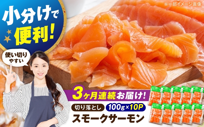 
                  【全3回定期便】サーモン 鮭 スモークサーモン  （切り落とし）100ｇ×10パック 滋賀県長浜市/株式会社中村屋[AQAJ038]  サーモン 鮭 スモークサーモン スモークサーモン 鮭 燻製 刺身 お取り寄せ グルメ 魚介類 前菜 おつまみ サラダ シーフード クリームチーズ サンドイッチ 海鮮セット パーティー用 人気 プレゼント ギフト 贈答
                
