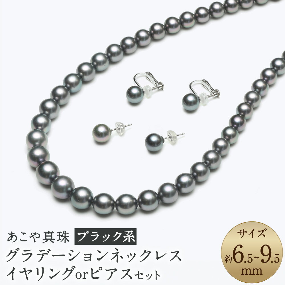 【ふるさと納税】あこや真珠 6.5-9.5mm ブラック系 グラデーションネックレス イヤリングorピアス セット 約43cm お手入れセット付 大玉 大珠 真珠 パール アクセサリー ジュエリー フォーマル 長崎 国産 九州 長崎県 長崎市 送料無料