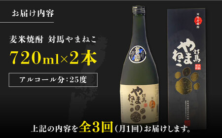 【全3回定期便】麦米焼酎 対馬やまねこ 25度 720ml 2本セット対馬 酒 贈り物 米焼酎 焼酎  [WAX022]