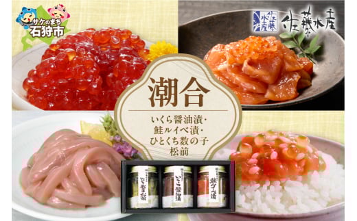 佐藤水産 潮合(B)(No.10756)(手まり筋子、鮭ルイベ漬、塩辛職人、石狩味)｜ふるさと納税 石狩市 さとう水産 北海道 北海道物産展 鮭ルイベ漬け るいべ るいべ漬け サケ さけ 鮭 人気 美味しい グルメ