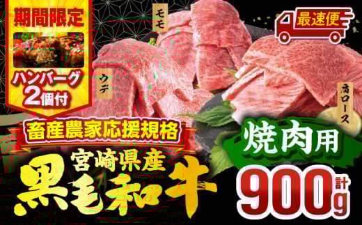 【最速便】【期間・数量限定】畜産農家応援！宮崎県産 黒毛和牛 焼肉3種セット(肩ロース・ウデ・モモ 各300g)・国産牛ハンバーグ100g×2個_M132-030-B2-2W