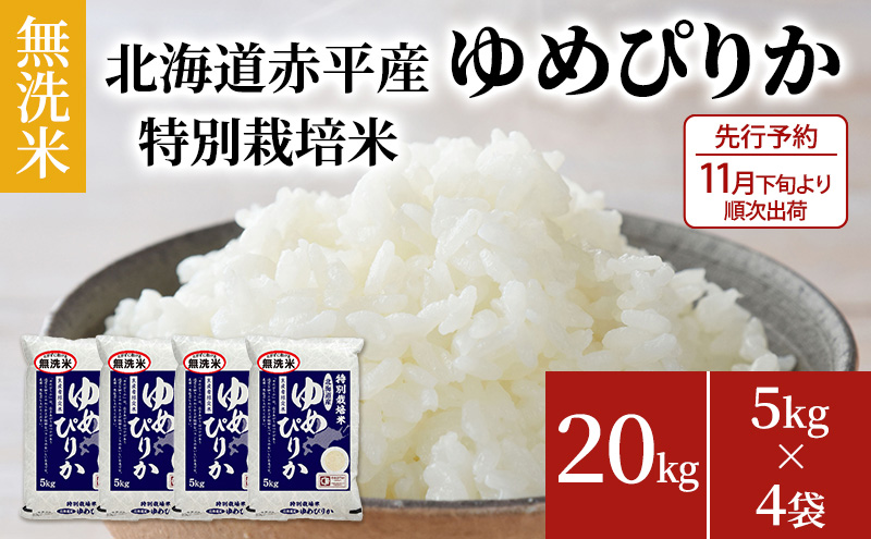 【先行予約2025年産米・11月下旬より順次出荷】無洗米 北海道赤平産 ゆめぴりか 20kg (5kg×4袋) 特別栽培米 米 北海道 お米 ふるさと納税 