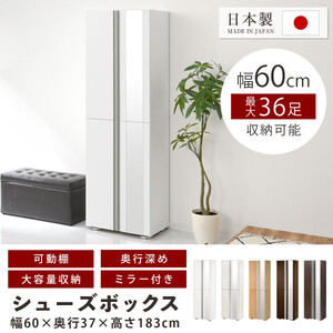 ［完成品＋設置付き］シューズボックス ミラー付き 幅60cm［鏡が左側タイプ］（ウォールナット）シューズラック 扉付き スリム 12段 靴箱 大容量 木製 シューズボックス 縦長 靴収納棚 下駄箱 ブ