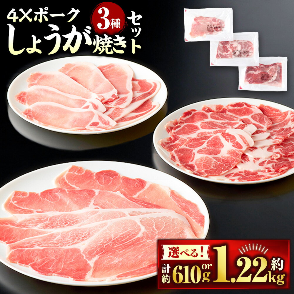 【ふるさと納税】4Xポーク しょうが焼き 3種 セット ロース 肩ロース もも〈選べる〉 各1パック(約610g) or 各2パック(約1.22kg) 豚ロース 豚肩 豚もも肉 スライス 詰め合わせ セット しょうが焼き用 愛媛県産 冷凍 愛媛県 送料無料 (848)(850)