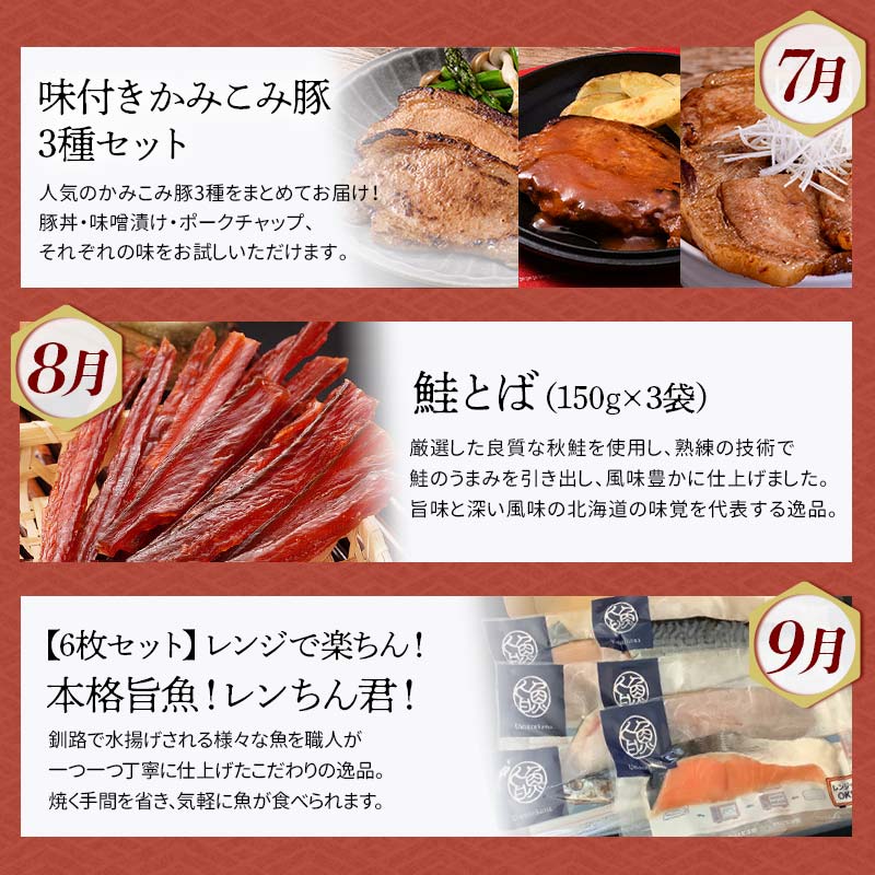 【期間限定！寄附額改定↓！】【定期便 12か月】 釧路市へ行きたくなる定期便 いくら イクラ うに ウニ 雲丹 魚介 海鮮 肉 スイーツ 米 たらこ 保存食 鮭 数の子 頒布会 セット F5F-029