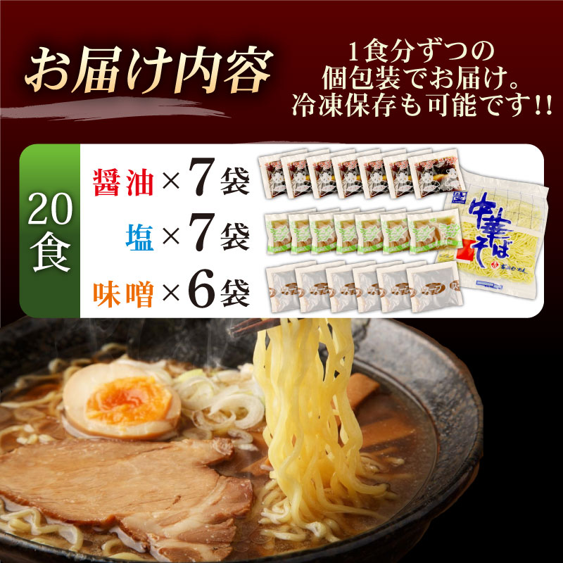 中華そば 20袋 スープ3種付 味噌 塩 醤油 ラーメン 過多水熟成麺 高加水麺 中華麺 自家製麺 コシが強い モチモチ食感 打倒 コシヒカリ 食品 簡単調理 冷凍 古山製麺所 新潟県 新発田市 fu