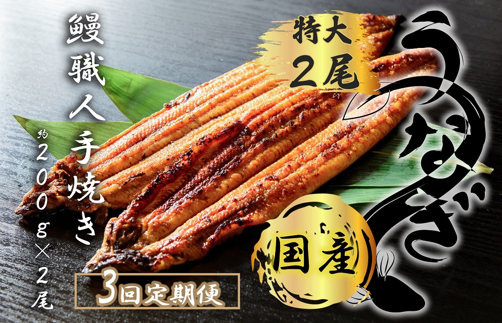 FK015_【3回定期便】九州産　うなぎ職人手焼き　蒲焼　国産　有頭鰻 1尾あたり約200ｇ×2尾（合計約400ｇ以上）たれ・山椒セット　/みやき町