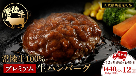 【12ケ月定期便】 常陸牛 100% プレミアム 生ハンバーグ 合計17,280g（ 120g × 12個 × 12回 ） 【茨城県共通返礼品】