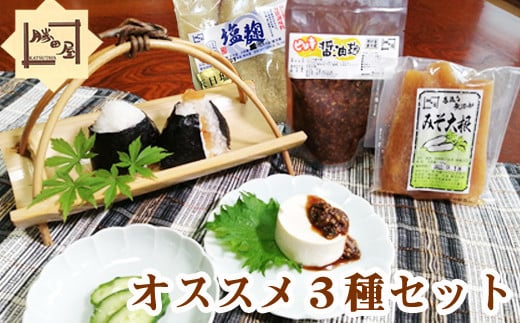 国産大豆使用 勝田屋オススメ3種セット （ みそ大根 ピリ辛醤油麹 塩麹 ） ／ セット 味噌大根 味噌だいこん こうじ 麴 塩麹 塩こうじ ピリ辛 醤油麹 調味料 万能調味料 おかず ご飯のおとも ご飯のお供 おにぎりの具 漬物 お漬物 料理 手づくり 国産 美味しい おいしい おすすめ オススメ