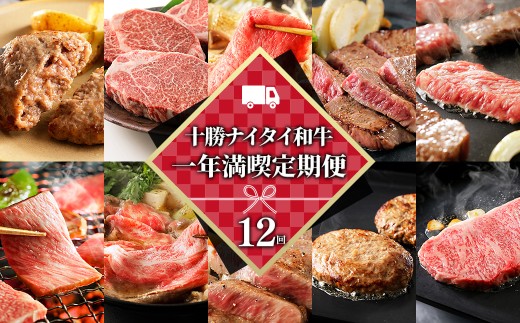 十勝ナイタイ和牛 一年満喫 定期便 12回 12ヵ月定期便 国産 北海道 牛 肉 牛肉 和牛 5・4等級 黒毛和牛 オレイン酸含有率55%以上 サーロイン ヒレ 焼肉 すき焼き ハンバーグ 冷凍 ［290-TN80］