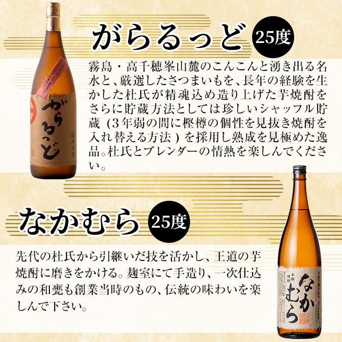 K-190 本格芋焼酎飲み比べセット！「なかむら」「がらるっど」(各1800ml)【石野商店】