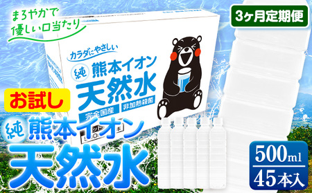 【3ヶ月定期便】水 500ml 家計応援 くまモン の ミネラルウォーター 天然水 熊本イオン純天然水 ラベルレス 45本 500ml 《申込み翌月から発送》 飲料水 定期 ｜人気天然水 大人気返礼品 ブランド天然水 熊本県天然水 玉東町天然水 特産品天然水