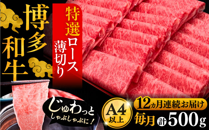 
【全12回定期便】A4ランク以上 博多和牛 特選ロース 薄切り 500g《豊前市》【久田精肉店】 [VBK061]
