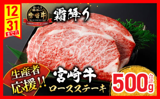 【最短2週間以内で発送】生産者応援 宮崎牛 ロースステーキ 2枚(計500g) 霜降り サーロイン リブロース 牛肉 黒毛和牛 国産 焼肉 BBQ おかず 人気 おすすめ ギフト 贈り物 冷凍 宮崎県 日南市 送料無料_C119-24-2W