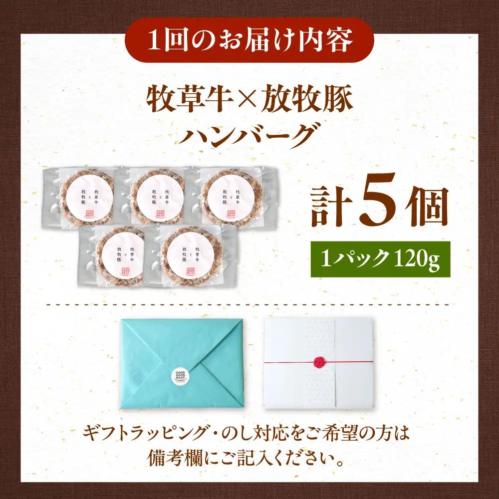 【全2回定期便】　【牧草牛×放牧豚】ハンバーグ 5個 牛肉 豚肉 小分け 冷凍 北海道 [AXBP026]