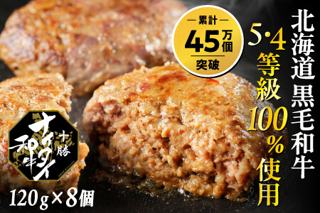 和牛 5・4等級 十勝ナイタイ和牛 100%ハンバーグ＜120g×8個＞ 本物志向の冷凍牛肉ハンバーグ　北海道産 オレイン酸55%以上含有の十勝産の黒毛和牛使用ハンバーグ