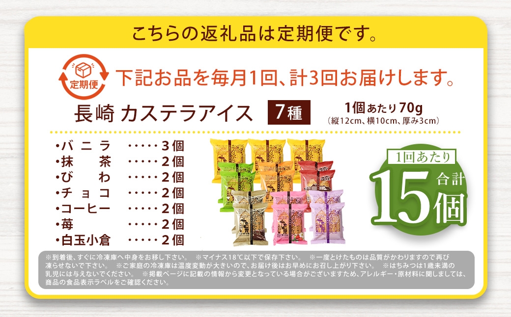 長崎カステラアイス7種計15個バニラ抹茶びわチョココーヒー苺白玉小倉