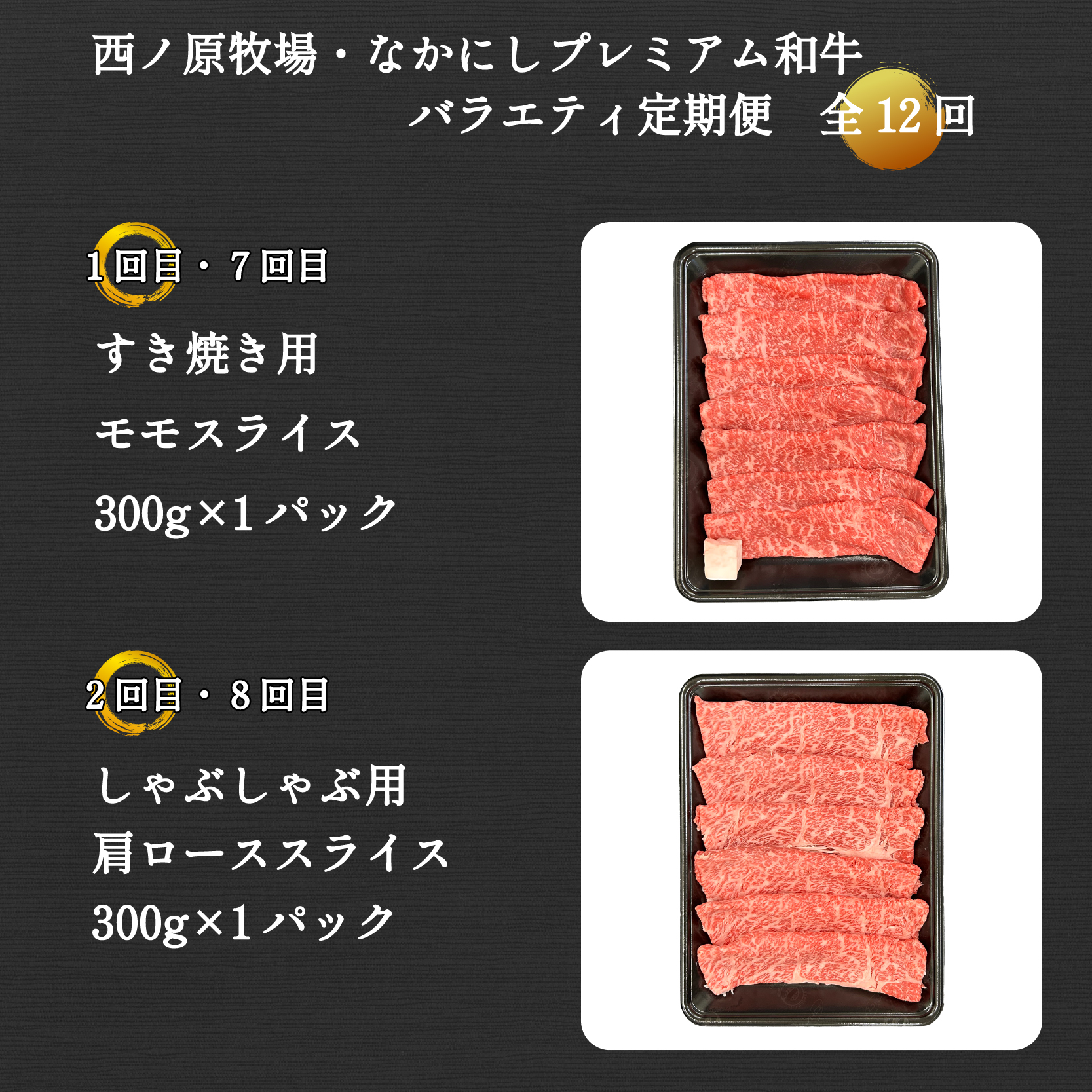 【ET006】【定期便 全12回】宮崎県西ノ原牧場・なかにしプレミアム和牛バラエティ定期便（牛肉 黒毛和牛 すき焼き ヒレ モモ 定期便 A4 A5）_イメージ2