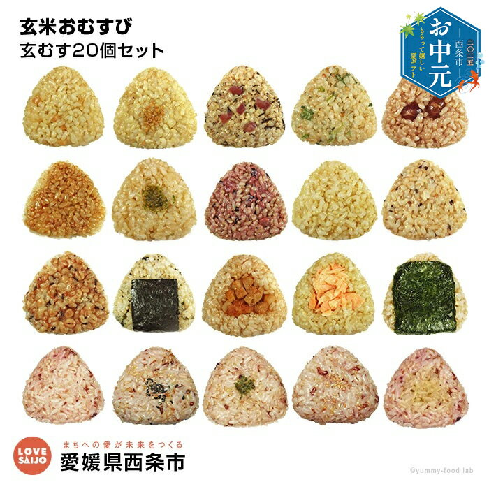 【ふるさと納税】【お中元】＜玄米 おむすび 20個 セット＞ おにぎり 冷凍 食べ比べ 詰め合わせ 夜食 朝食 昼食 間食 軽食 電子レンジ 時短 簡単 鶏 チーズ 鮭 カレー おかか 梅 握り飯 ご飯 お惣菜 玄むす屋 かんこめ 愛媛県 西条市 『※ご希望の配送時期をお選びください』