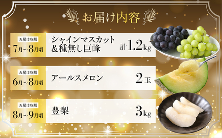 一流青果店厳選！フルーツ定期便 3回（梨・ぶどう・メロン）定期便 定期便