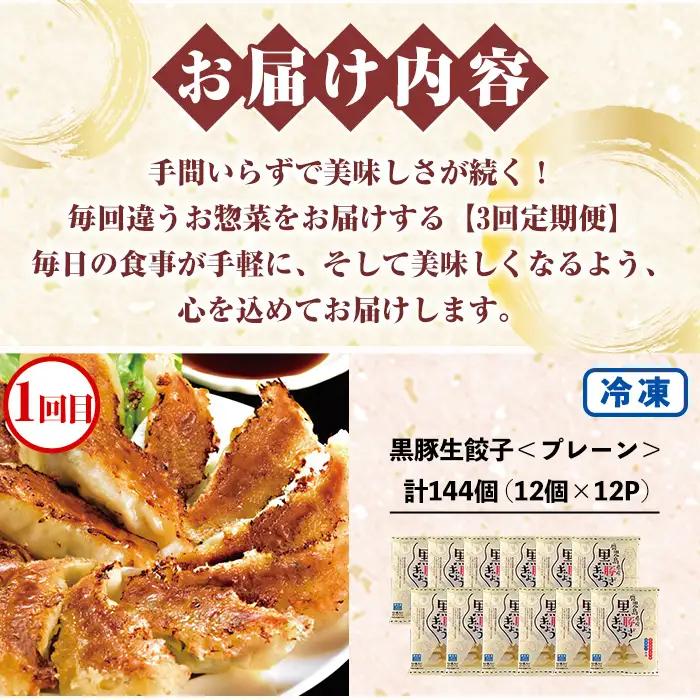 【3か月定期便】おかず 鹿児島協同食品バラエティ定期便 鹿児島黒豚生餃子 合計144個（12個×12P）茶美豚の角煮 1kg（250g×4P）茶美豚メンチカツ 2.7kg（90g×30個）3回 おかず