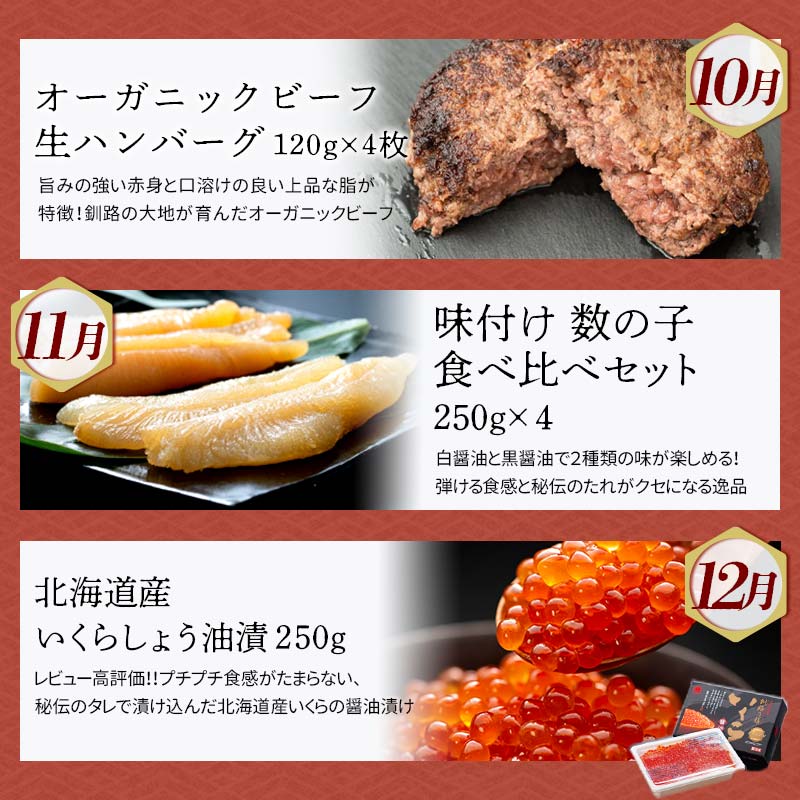 【期間限定！寄附額改定↓！】【定期便 12か月】 釧路市へ行きたくなる定期便 いくら イクラ うに ウニ 雲丹 魚介 海鮮 肉 スイーツ 米 たらこ 保存食 鮭 数の子 頒布会 セット F5F-029